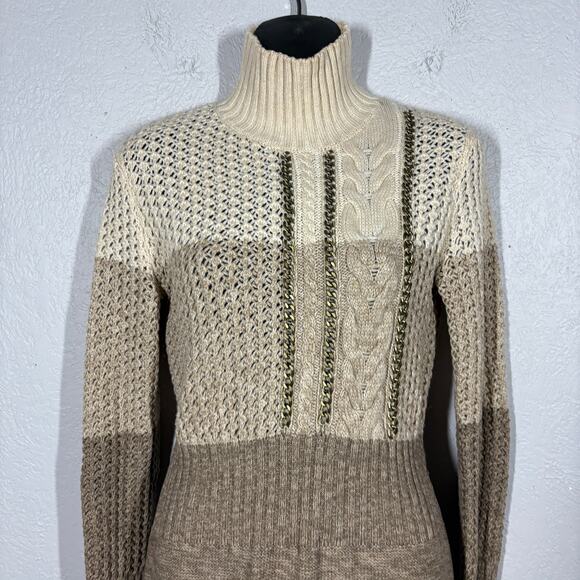 Moda INternational Chain Accent Sweater Dress Sheath Long Sleeve Tan - S - Picture 4 of 12